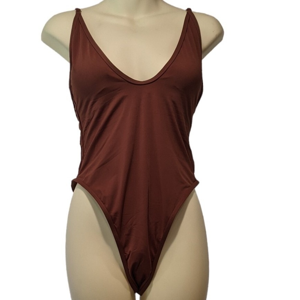 Large One Piece Swimsuit Brown Adjustable Spaghetti‎ Straps V Front Padded Bra
